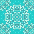 Elegance lace pattern on a blue background with polka dots. Circle ornament, lace. Round pattern.