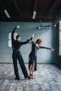 Ballrom dance training, pair dancing in studio Royalty Free Stock Photo