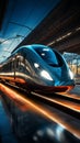 Elegance in motion High speed train streaks past station, background a dynamic blur