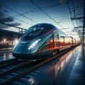 Elegance in motion High speed train streaks past station, background a dynamic blur