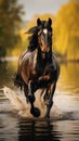 Elegance in motion A well groomed dark horse ambling along the lakeside