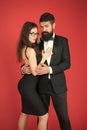 Elegance is not about being noticed. Bearded man wear suit girl elegant dress. Formal dress code. Visiting event or