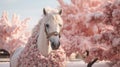 Elegance in Pastels: Gorgeous White Horse Adorned with Pink Wreath and Flowers