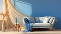 Elegance in Pastels. The room exudes sophistication with a blue pastel sofa as its focal point and beige curtain