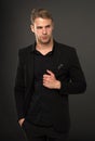 Elegance in simplicity. Black fashion trend. Man elegant manager wear black formal outfit on dark background. Reasons