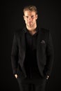 Elegance in simplicity. Rules for wearing all black clothing. Black fashion trend. Man elegant manager wear black formal