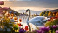 Closeup of a swan swimming in a lake in Switzerland