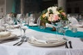 Elegance table set up for wedding in turquoise Royalty Free Stock Photo