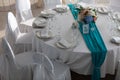 Elegance table set up for wedding in turquoise top view Royalty Free Stock Photo