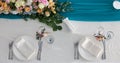 Elegance table set up for wedding in turquoise top view Royalty Free Stock Photo