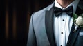 Elegance Unveiled Groom in Tuxedo and Bow Tie, Captivating the Essence of Style. created with Generative AI