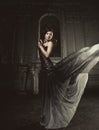Elegance woman with flying dress in palace room Royalty Free Stock Photo