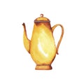 Elegance yellow coffeepot or teapot. Watercolor.