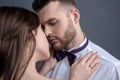 Elegand couple kissing. Touching body ecstasy and pleasure. Making love to young lover. Face sensual concept. Sensual Royalty Free Stock Photo