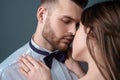 Elegand couple kissing. Touching body ecstasy and pleasure. Making love to young lover. Face sensual concept. Sensual Royalty Free Stock Photo