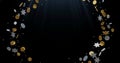 Elegant Abstract Gold and Silver Metallic Confetti Frame on Deep Black Background with Light Rays Royalty Free Stock Photo