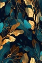 Elegant abstract texture of gold and jade autumn leaves against dark navy background. Royalty Free Stock Photo