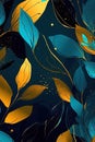 Elegant abstract texture of gold and jade autumn leaves against dark navy background. Royalty Free Stock Photo