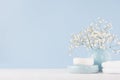 Elegant accessories for dressing table - soft pastel blue ceramic bowls, white flowers, products for skin and body care on white.