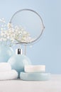 Elegant acessories for dressing table - soft pastel blue ceramic bowls, white flowers, circle mirror, products for skin and body. Royalty Free Stock Photo