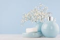 Elegant acessories for dressing table - soft pastel blue ceramic bowls, white flowers, products for skin and body care on wood. Royalty Free Stock Photo
