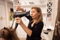 Elegant adult woman hairdresser enjoying working in beauty salon and blowdrying hair of customer