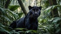 Elegant and agile black panther staring alertly in tropical rainforest