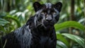 Elegant and agile black panther staring alertly in tropical rainforest