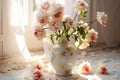 Elegant ambiance white podiums host vases with beautiful peonies