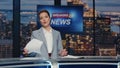 Elegant anchorwoman reporting newscast tv stage near screen. Woman breaking news Royalty Free Stock Photo