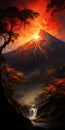 Elegant Anime Style Volcano Painting With Intense Chiaroscuro Lighting