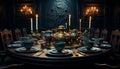 An elegant antique dining table adorned with candlelight and silverware generated by AI