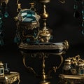 Elegant antique jewelry stand and ornaments in dark gold and cyan (tiled