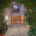 Elegant apartment building entrance with a cobblestone corridor trough a green foliage arch, night view. Royalty Free Stock Photo