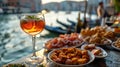 Elegant Aperitif by Venetian Canal: Spritz and Appetizers Royalty Free Stock Photo