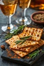 Elegant Appetizer Spread with Crispy Crackers, Fresh Rosemary, and White Wine on a Rustic Table