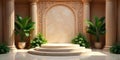 Elegant architectural setting with ornate columns and lush greenery featuring a circular pedestal. Generative AI Royalty Free Stock Photo