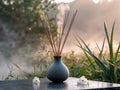 Elegant aroma diffuser with reeds positioned on a reflective surface in a serene outdoor setting during golden hour Royalty Free Stock Photo