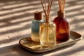 Elegant Aromatherapy Diffuser Set with Decorative Bottles on Textured Tray for Relaxation and Home Decor Generative AI Royalty Free Stock Photo