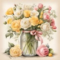 Elegant arrangement of freesia , white pink yellow roses ,spring blooms in a vase tied with a pink ribbon. Royalty Free Stock Photo