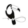 An elegant arrangement of lines and swirls forms the backdrop for a stylized black and white image of a toucan.