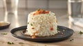 Elegant arroz com amendoas e creme de damasco on minimalist plate with apricot sauce garnish Royalty Free Stock Photo