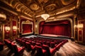 An elegant art deco theater with plush velvet seats, ornate gilded details,