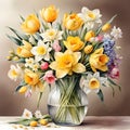 Elegant artwork capturing the beauty of spring flowers in a delicate vase