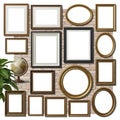 Elegant assortment of empty picture frames arranged on a brick wall backdrop Royalty Free Stock Photo