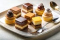 Elegant Assortment of Mini Desserts and Macarons on a Rectangular White Plate pastries cakes Royalty Free Stock Photo