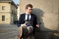 Elegant attractive fashion hipster man on the phone Royalty Free Stock Photo