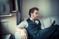 Elegant attractive fashion hipster man on the phone Royalty Free Stock Photo