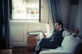 Elegant attractive fashion hipster man on the phone Royalty Free Stock Photo