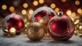Elegant Background with Golden and Red Christmas Ornaments, Illuminated by Bokeh Lights. AI generated Royalty Free Stock Photo